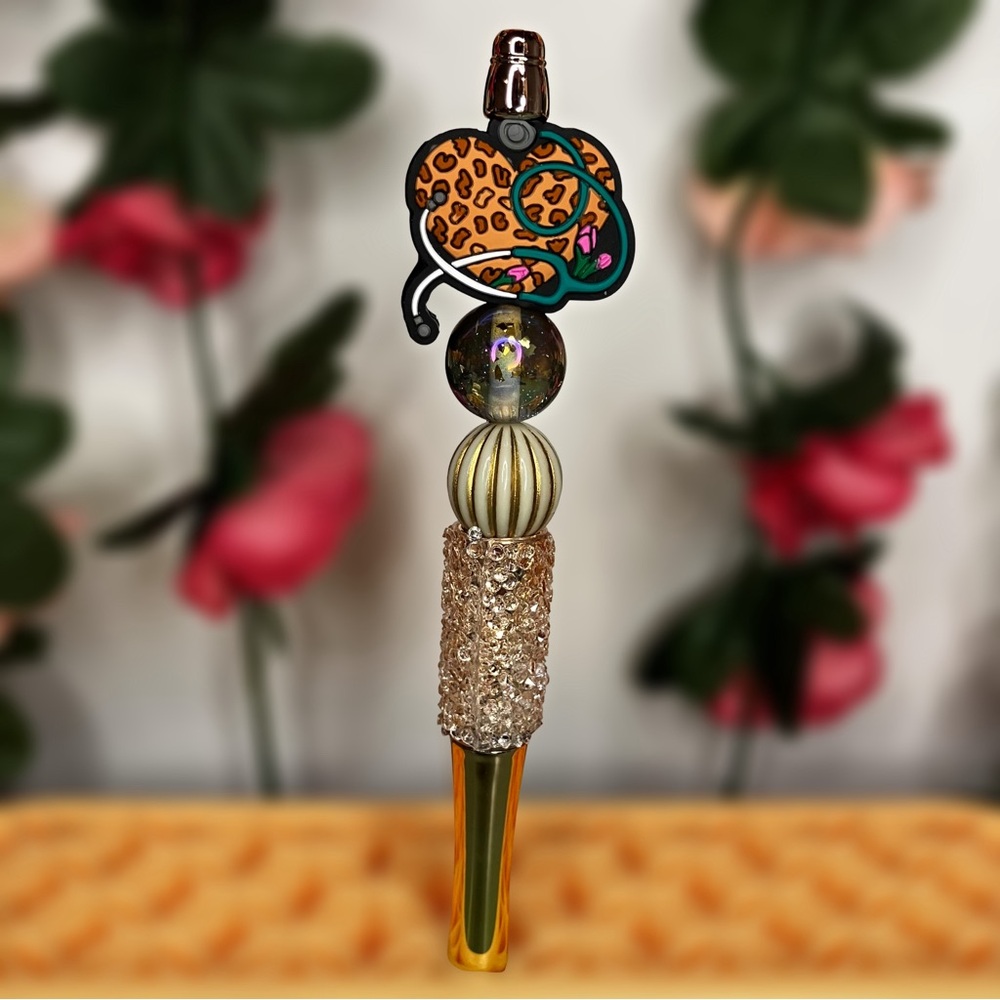 Leopard Print Heart with Stethoscope Nurse or Doctor Handmade Beaded Pen